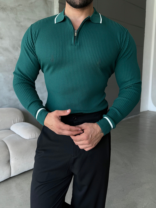 Zümrüt Yaka Çizgili Fermuarlı Polo Yaka Triko KNG