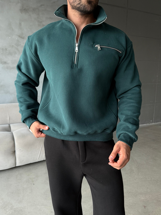 Zümrüt Yüksek Yaka Göğüs Fermuarlı Boxy Sweatshirt SNZ 5109