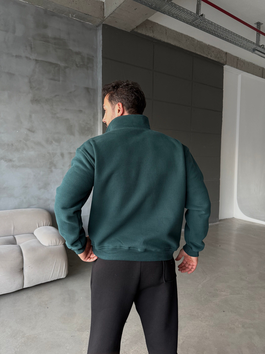 Zümrüt Yüksek Yaka Göğüs Fermuarlı Boxy Sweatshirt SNZ 5109