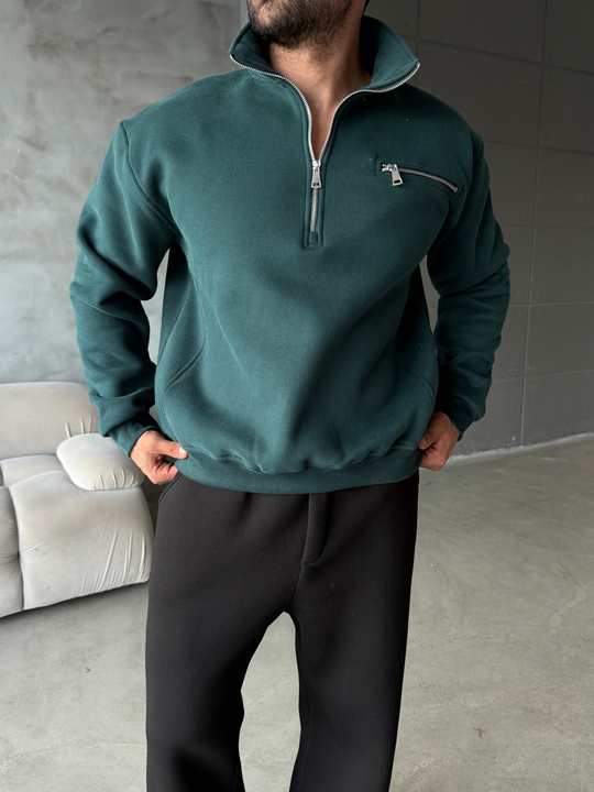Zümrüt Yüksek Yaka Göğüs Fermuarlı Boxy Sweatshirt SNZ 5109