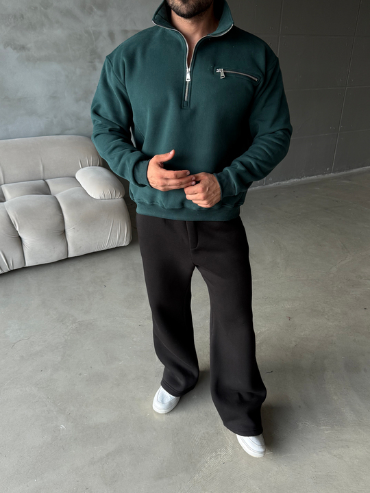 Zümrüt Yüksek Yaka Göğüs Fermuarlı Boxy Sweatshirt SNZ 5109