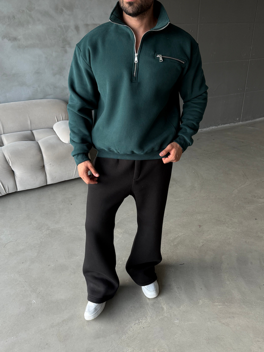 Zümrüt Yüksek Yaka Göğüs Fermuarlı Boxy Sweatshirt SNZ 5109