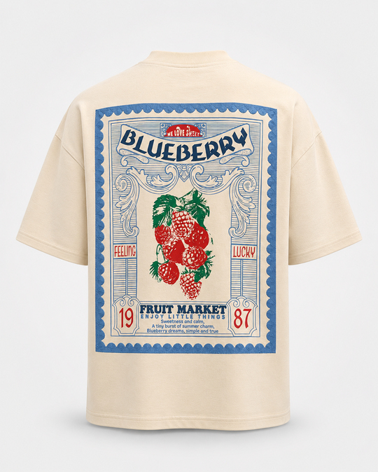 Bej Blueberry Baskılı Pamuk Tişört JJ  Y126