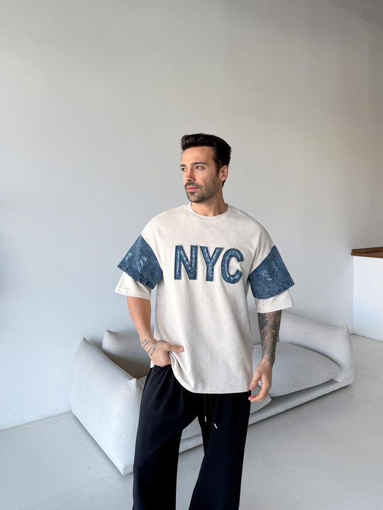 Bej NYC kot detay Oversize tişört ESNT 71119