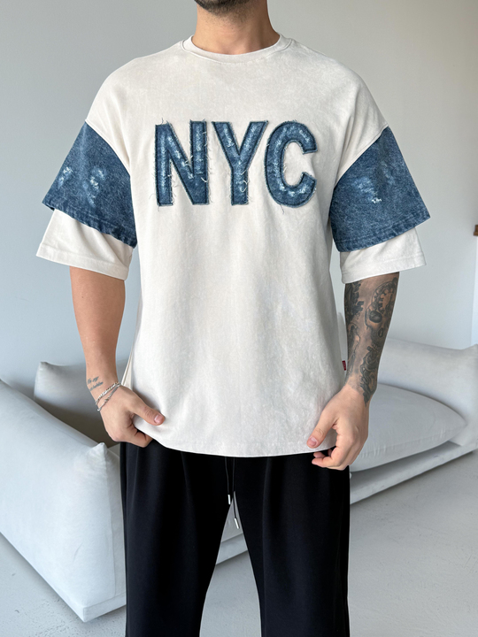 Bej NYC kot detay Oversize tişört ESNT 71119