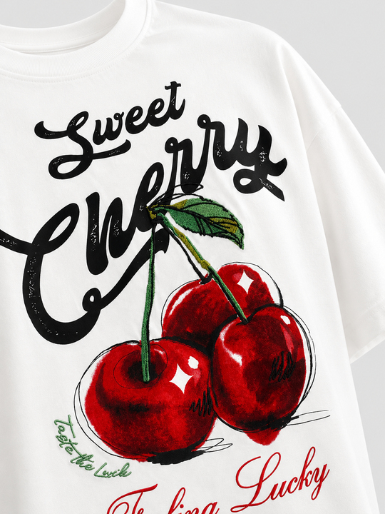 Beyaz Cherry Fırçalı Kumaş Pamuk Tişört JJ 26Y141