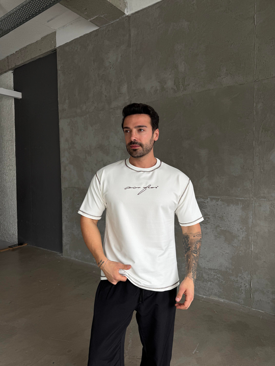 Beyaz Dikiş Nakışlı Pamuk Oversize Tişört  N1388 SNZ
