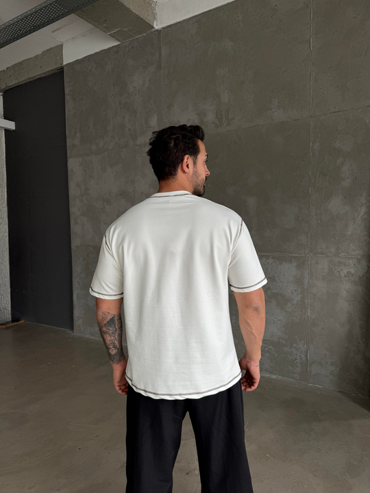 Beyaz Dikiş Nakışlı Pamuk Oversize Tişört  N1388 SNZ