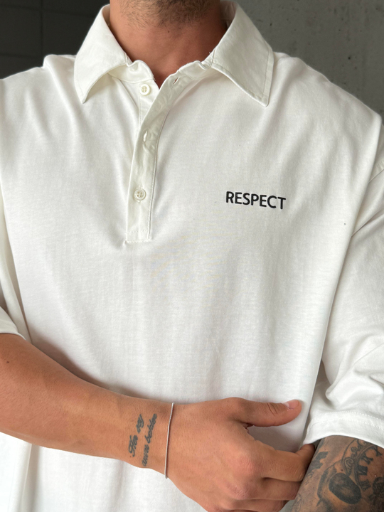 Beyaz Respect Baskı Yakalı Bol Pamuk Tişört RP