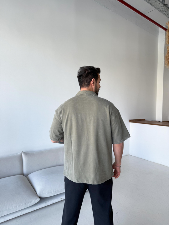 Haki Yıkamalı Polo Gül Nakış Compak Tişört BRR 20205