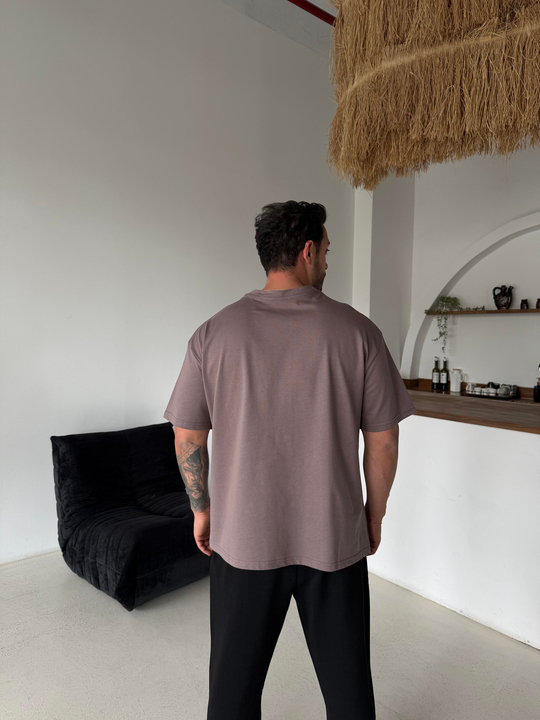 Kahve Düz Pamuk Oversize T-SHİRT SC