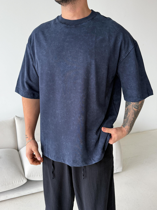 Lacivert Compak Gramajlı Yıkamalı Oversize Tişört PLZ