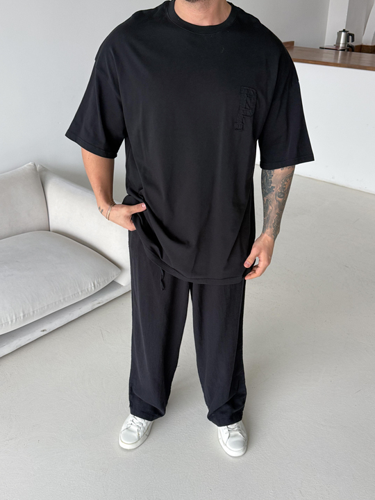 Siyah Paris Nakışlı Oversize Tişört JJ