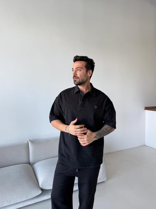 Siyah Yıkamalı Polo Gül Nakış Compak Tişört BRR 20205
