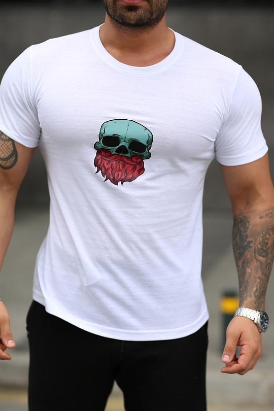 BASİC TSHİRTLERBeyaz Kırmızı Sakal Kuru Kafa Baskılı Basic T-SHIRT SC
