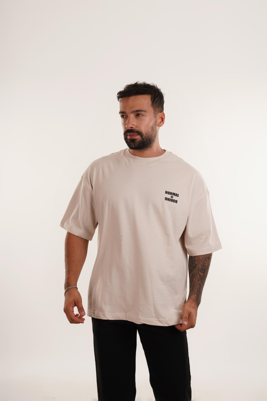 BASKILI TSHİRT MODELLERİBej Normal İs Boring Baskılı Oversize T-SHIRT VMS 40680