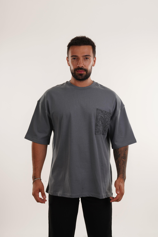 BASKILI TSHİRT MODELLERİFüme Ön Cep Kabartma Desenli Oversize T-SHİRT VMS 40562