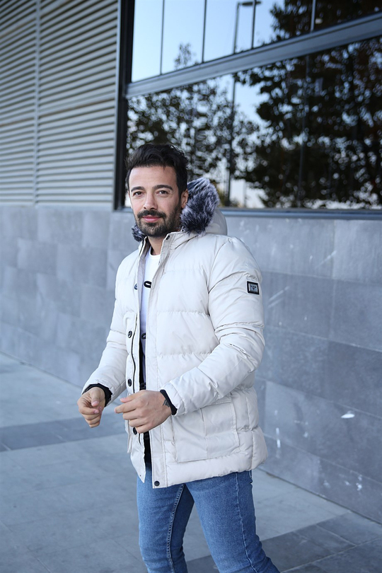 CEKETErkek A Kalite Krem Şapkası Tüylü Şişme Mont BİLL