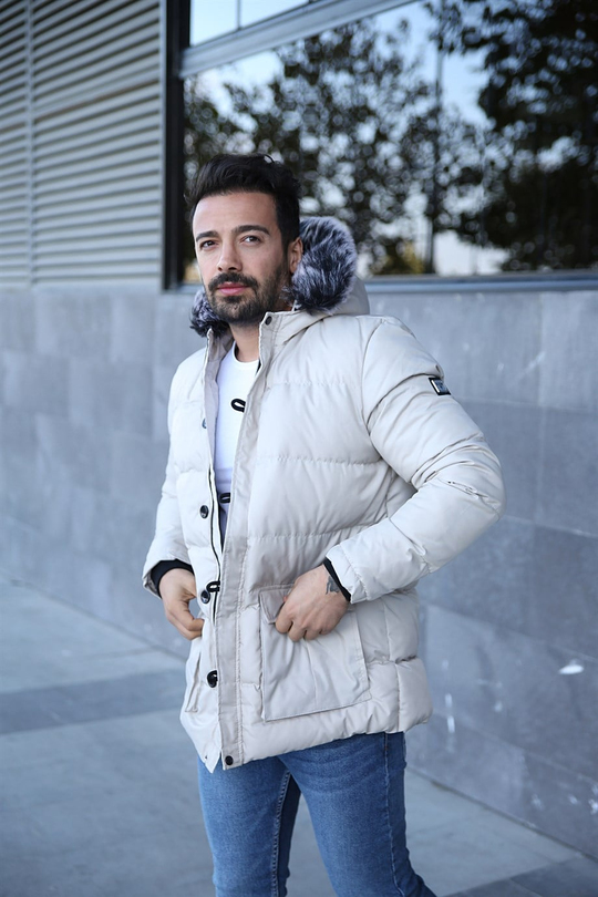 CEKETErkek A Kalite Krem Şapkası Tüylü Şişme Mont BİLL