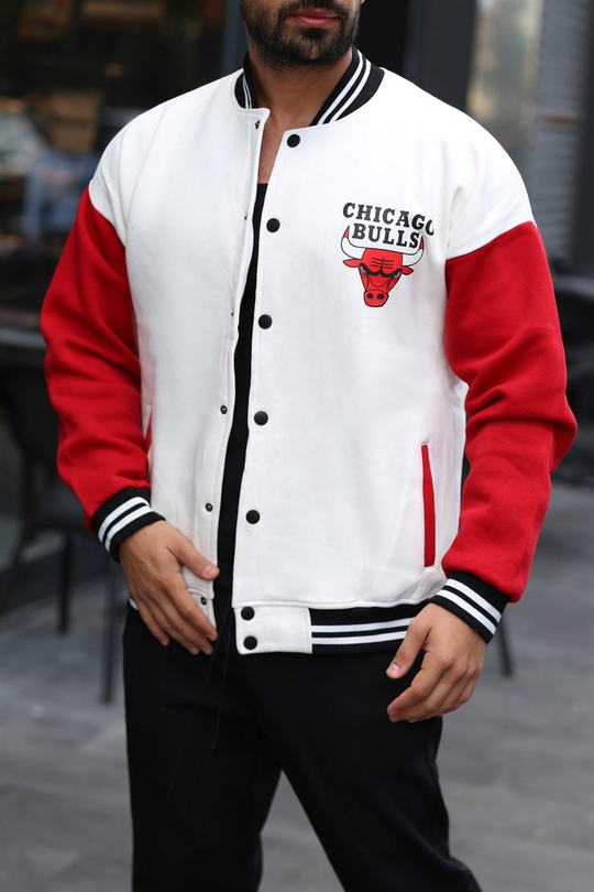 CEKETGövde Beyaz Kolları Kırmızı Bulls Nakışlı Kolej Ceket