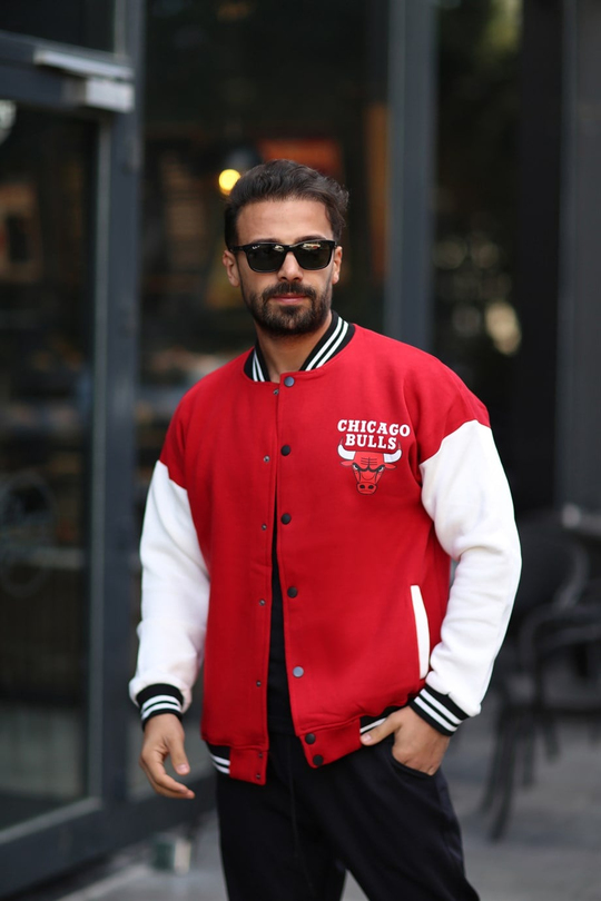 CEKETGövde Kırmızı Kolları Beyaz Bulls Nakışlı Kolej Ceket