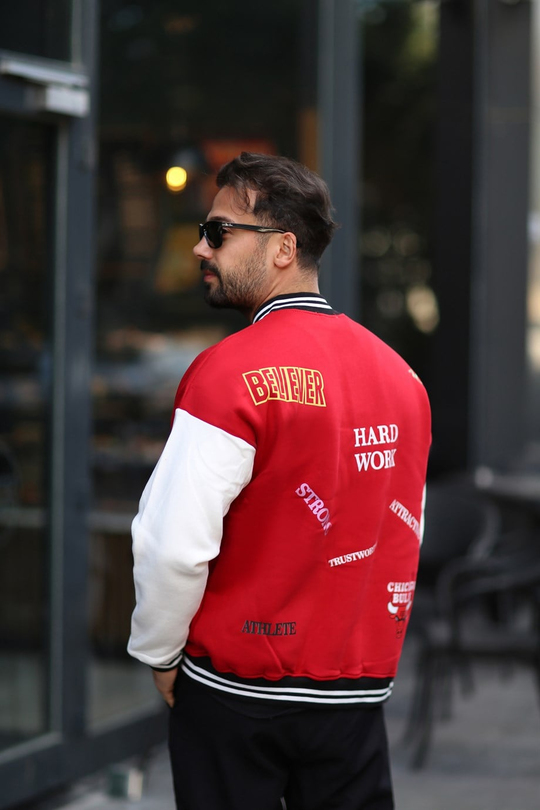 CEKETGövde Kırmızı Kolları Beyaz Bulls Nakışlı Kolej Ceket