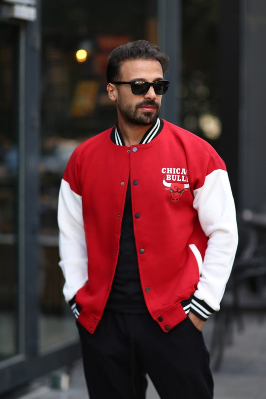 CEKETGövde Kırmızı Kolları Beyaz Bulls Nakışlı Kolej Ceket