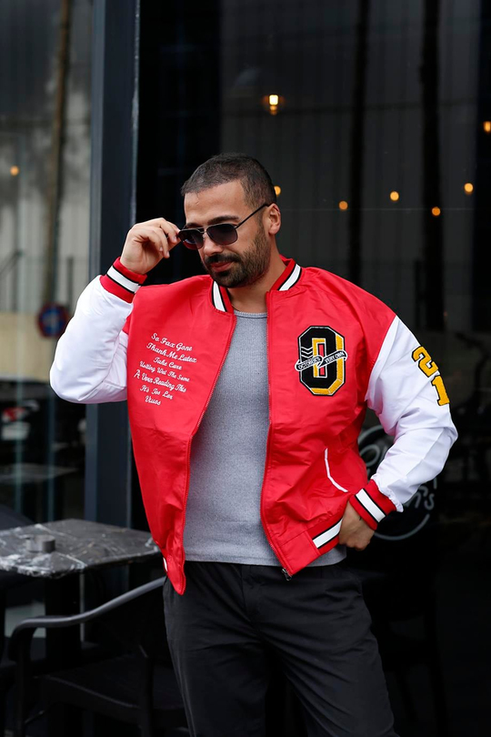 CEKETKırmızı Kolları Beyaz Göğüs OCTOBAR'S Yazılı Nakışlı Bomber Kolej SNZ