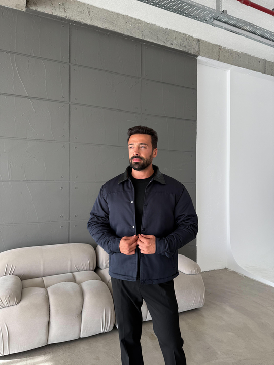 CEKETLacivert Deri Yakalı Çıtçıtlı Mont SNZ M6323