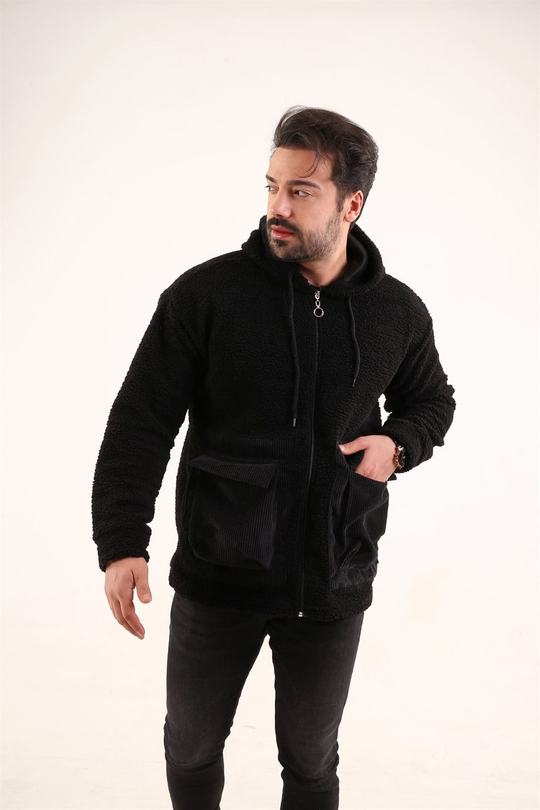 CEKETUnisex Siyah Kapşonlu Kadife Detaylı Peluş Ceket 