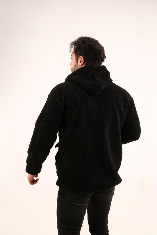 CEKETUnisex Siyah Kapşonlu Kadife Detaylı Peluş Ceket 