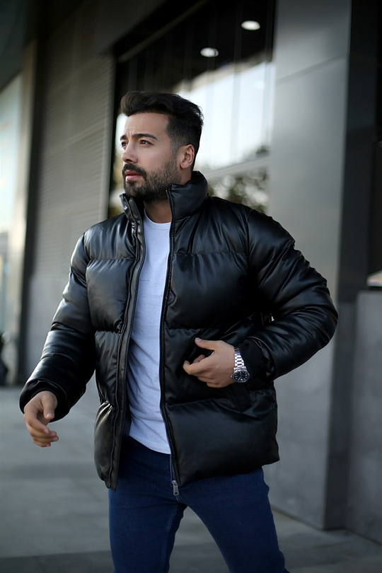 DERİ CEKETErkek Siyah Şişme Deri Mont VMS