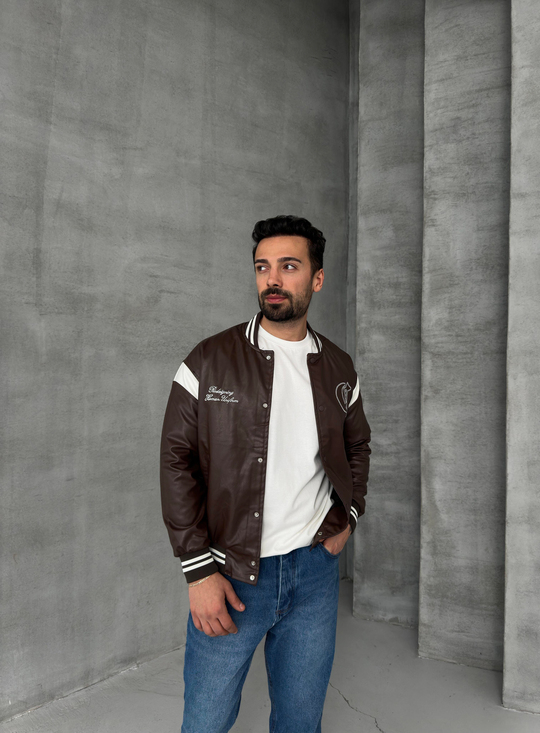 Kahve Deri Yaka Ribanalı Kolej Ceket PNC 5025