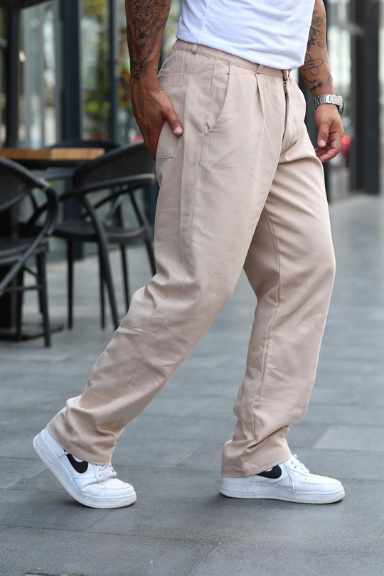 EŞOFMAN ALTIBej Gabardin Belden Kemerli Baggy Kalıp Pantolon VS 30059