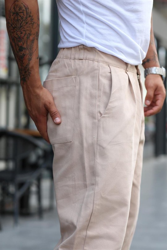 EŞOFMAN ALTIBej Gabardin Belden Kemerli Baggy Kalıp Pantolon VS 30059
