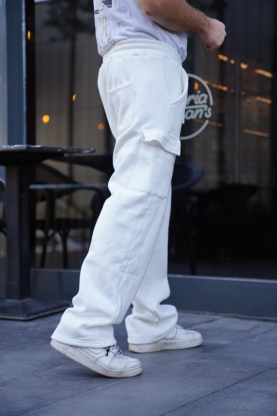 EŞOFMAN ALTIBeyaz 3 İplik Yüksek Kalite Oversize Kelepçe Paça Kargo Jogger