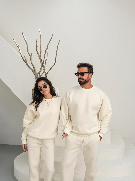Eşofman TakımıBej 3 İplik B.Yaka Sweat Baggy Oversize Compak Alt Üst Takım SC