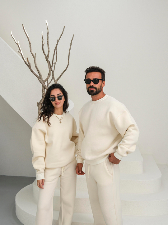 Eşofman TakımıBej 3 İplik B.Yaka Sweat Baggy Oversize Compak Alt Üst Takım SC
