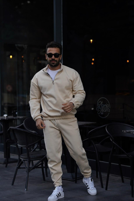 EŞOFMAN TAKIMIBej 3 İplik Yarım Fermuarlı Şardonlu Alt Üst Eşofman Takımı