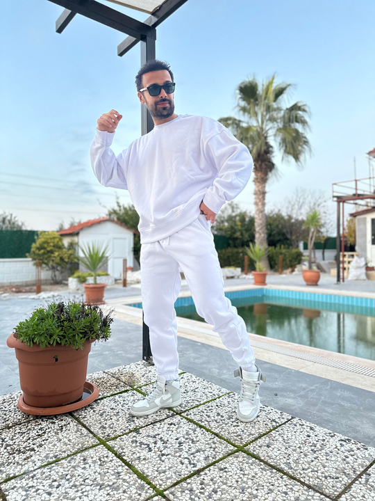 EŞOFMAN TAKIMIBeyaz 3 İplik Bisiket Yaka Şardonlu Alt Üst Eşofman Takımı