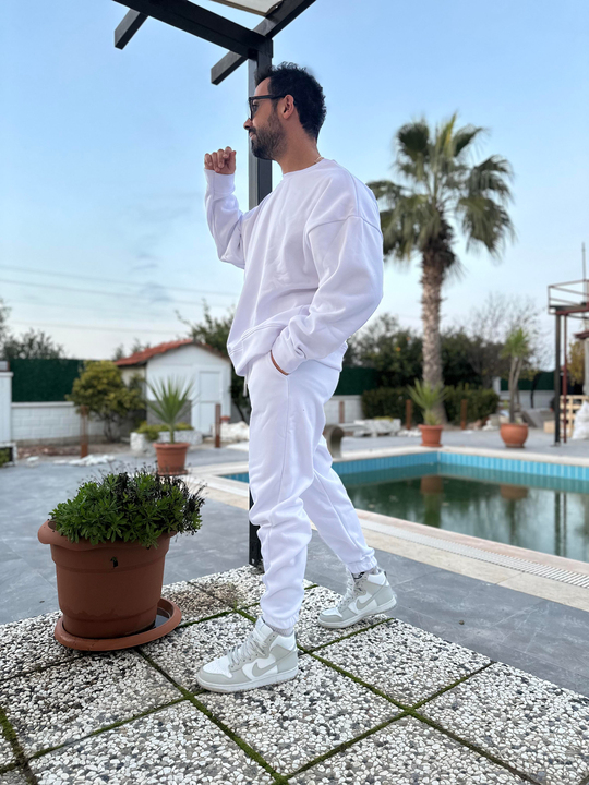 EŞOFMAN TAKIMIBeyaz 3 İplik Bisiket Yaka Şardonlu Alt Üst Eşofman Takımı