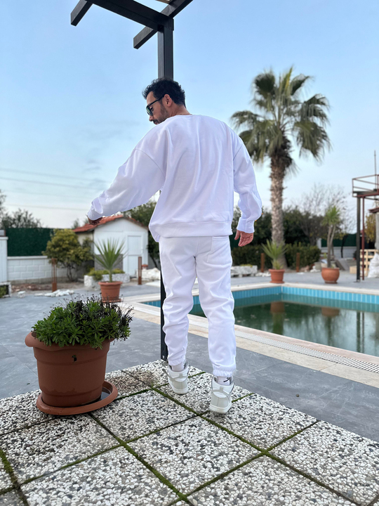 EŞOFMAN TAKIMIBeyaz 3 İplik Bisiket Yaka Şardonlu Alt Üst Eşofman Takımı