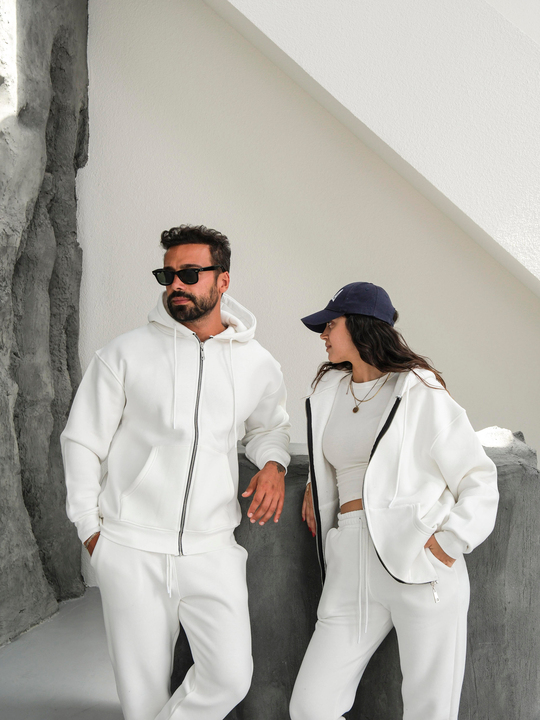 Eşofman TakımıBeyaz 3 İplik Tam Fermuarlı Sweat Baggy Oversize Compak Alt Üst Takım SC