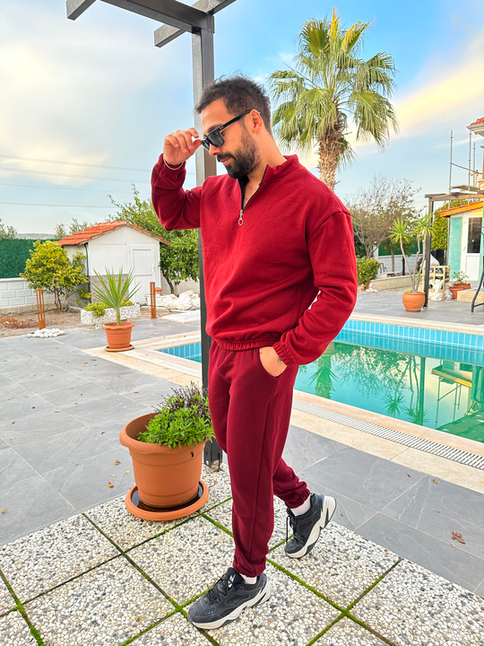 EŞOFMAN TAKIMIBordo 3 İplik Yarım Fermuarlı Şardonlu Alt Üst Eşofman Takımı