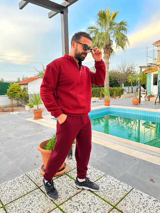 EŞOFMAN TAKIMIBordo 3 İplik Yarım Fermuarlı Şardonlu Alt Üst Eşofman Takımı