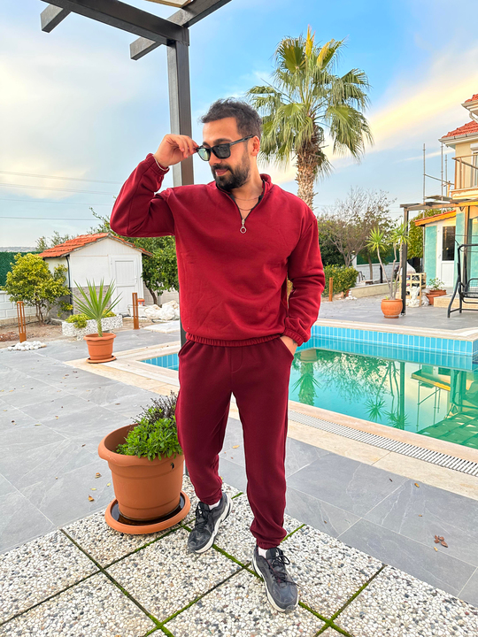 EŞOFMAN TAKIMIBordo 3 İplik Yarım Fermuarlı Şardonlu Alt Üst Eşofman Takımı