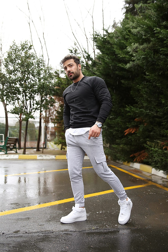EŞOFMAN TAKIMIErkek Siyah  Sweat Gri Kargo Pantolon Takım 