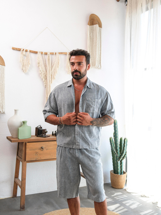 Eşofman TakımıGri Yıkamalı Oversize Alt Üst Şort Takım PNC3181