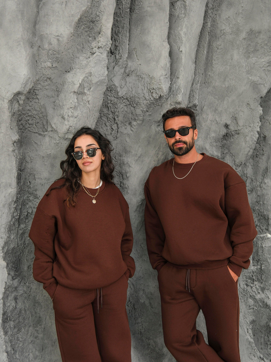 Eşofman TakımıKahve 3 İplik B.Yaka Sweat Baggy Oversize Compak Alt Üst Takım SC