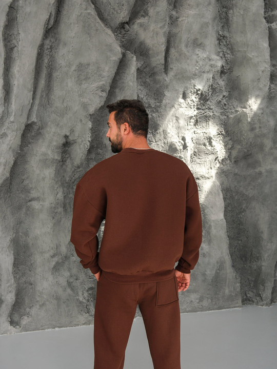 Eşofman TakımıKahve 3 İplik B.Yaka Sweat Baggy Oversize Compak Alt Üst Takım SC